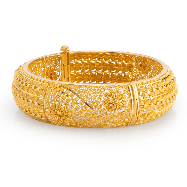 Yellow Gold Filigree Hinged Screw Bangle