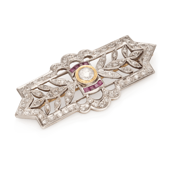 Yellow White Gold Ruby & Diamond Brooch