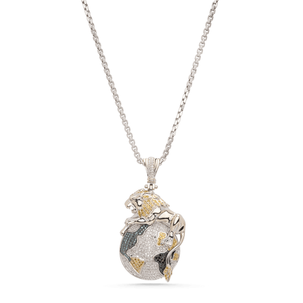 White Gold Sapphire and Diamond Lion on Globe Pendent