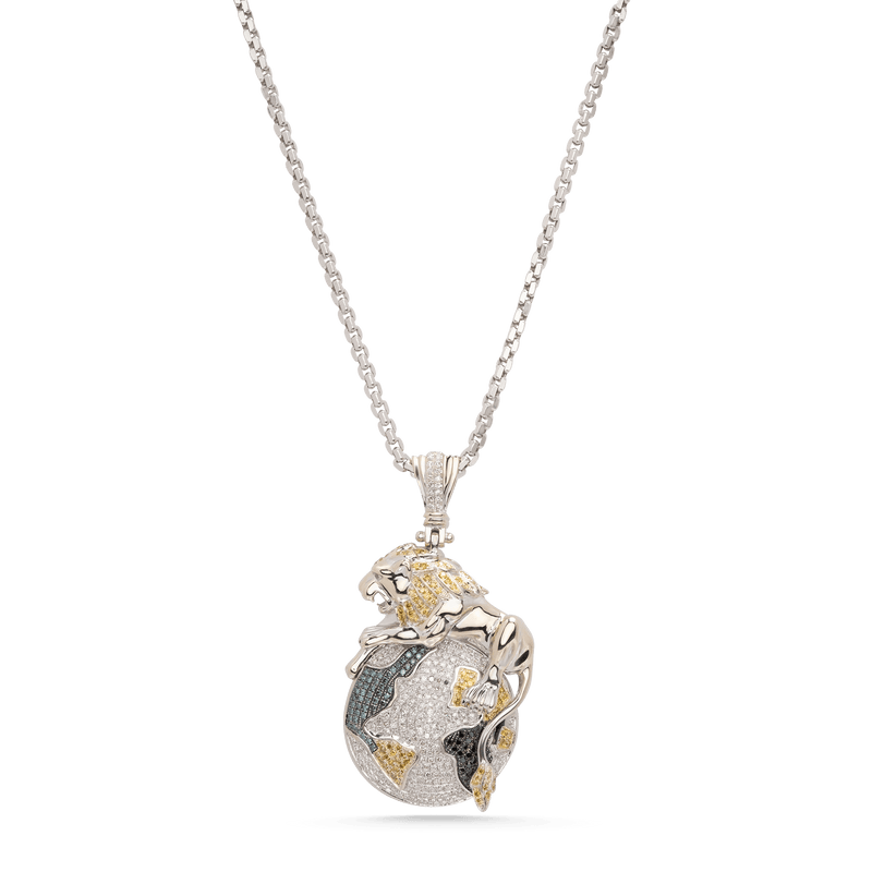White Gold Sapphire and Diamond Lion on Globe Pendent