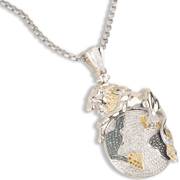 White Gold Sapphire and Diamond Lion on Globe Pendent