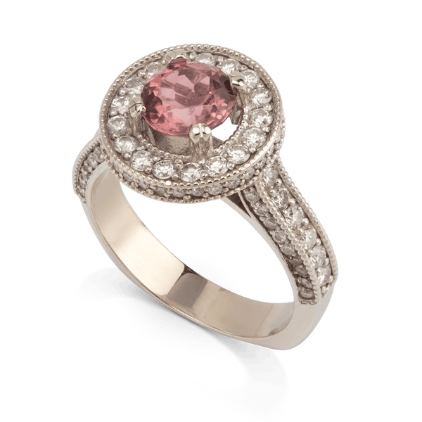 White Gold Pink Tourmaline & Diamond Halo Ring
