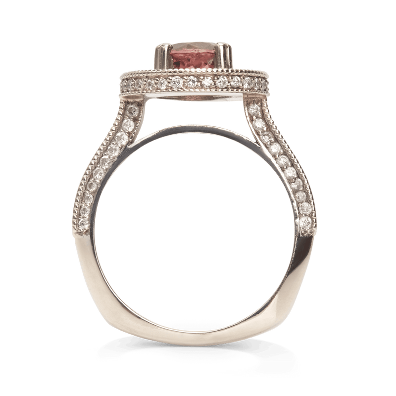 White Gold Pink Tourmaline & Diamond Halo Ring