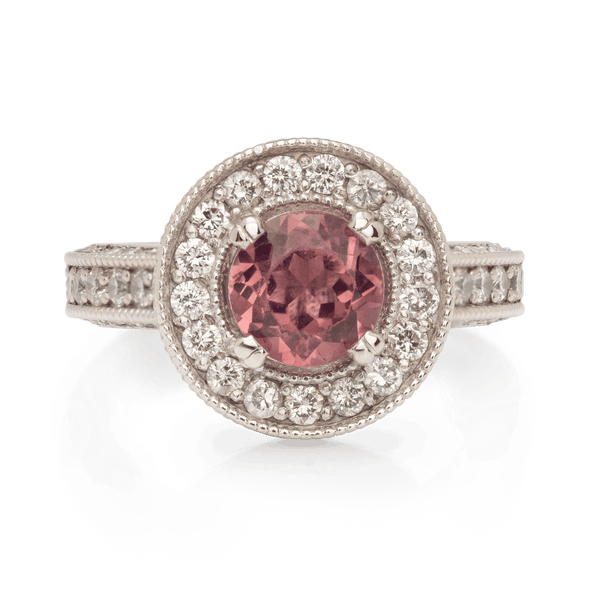 White Gold Pink Tourmaline & Diamond Halo Ring