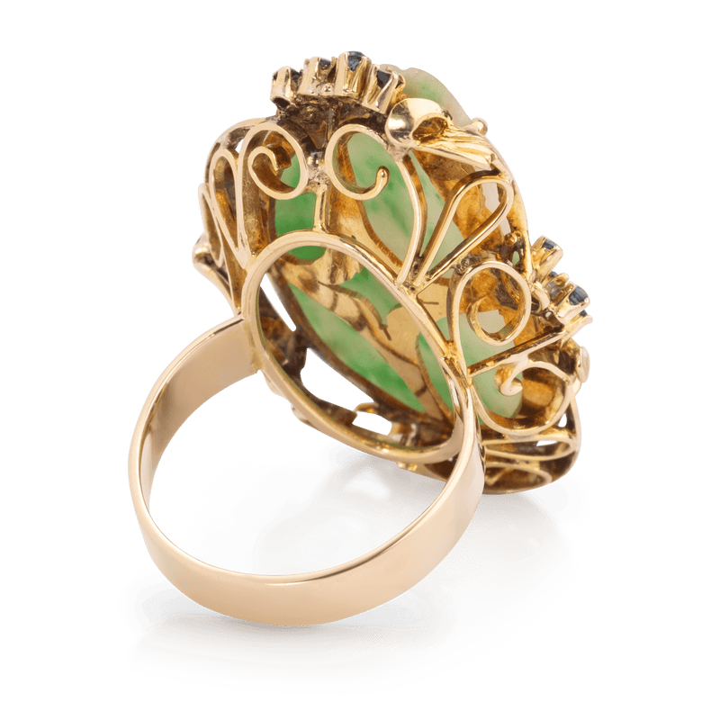 Yellow Gold Vintage Carved Jade & Sapphire Ring