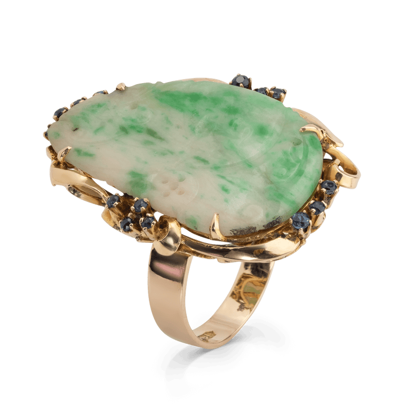 Yellow Gold Vintage Carved Jade & Sapphire Ring