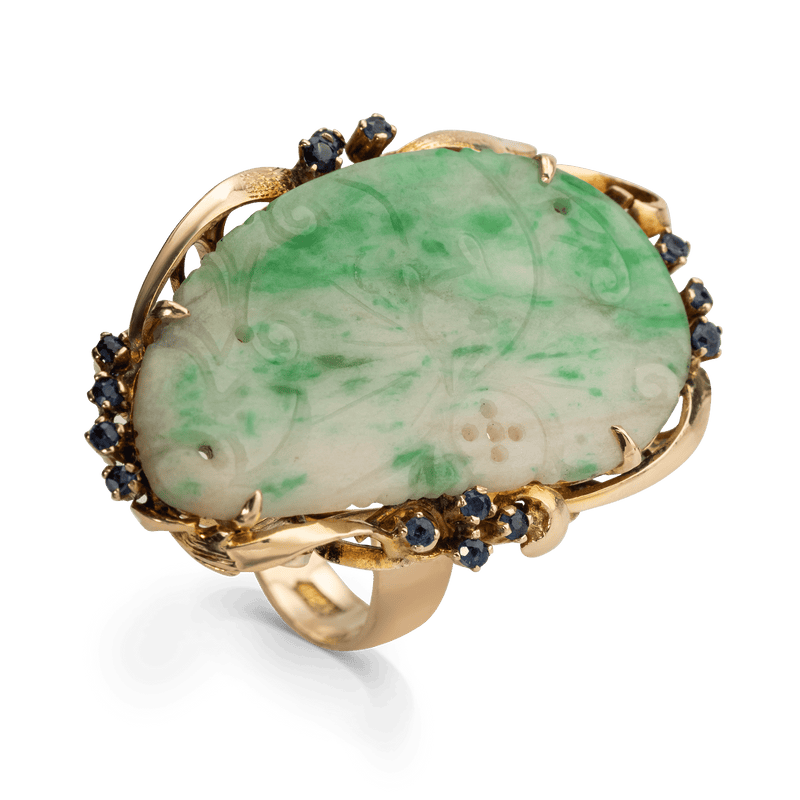 Yellow Gold Vintage Carved Jade & Sapphire Ring