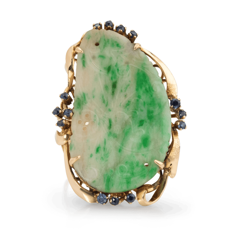 Yellow Gold Vintage Carved Jade & Sapphire Ring