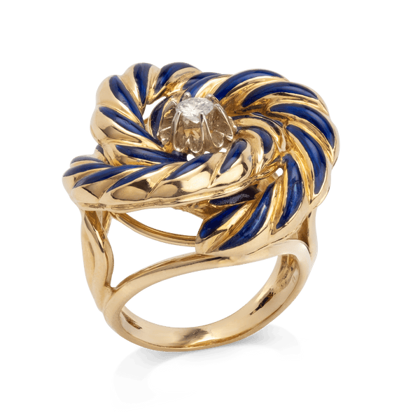 Yellow Gold Blue Enamel Diamond Ring