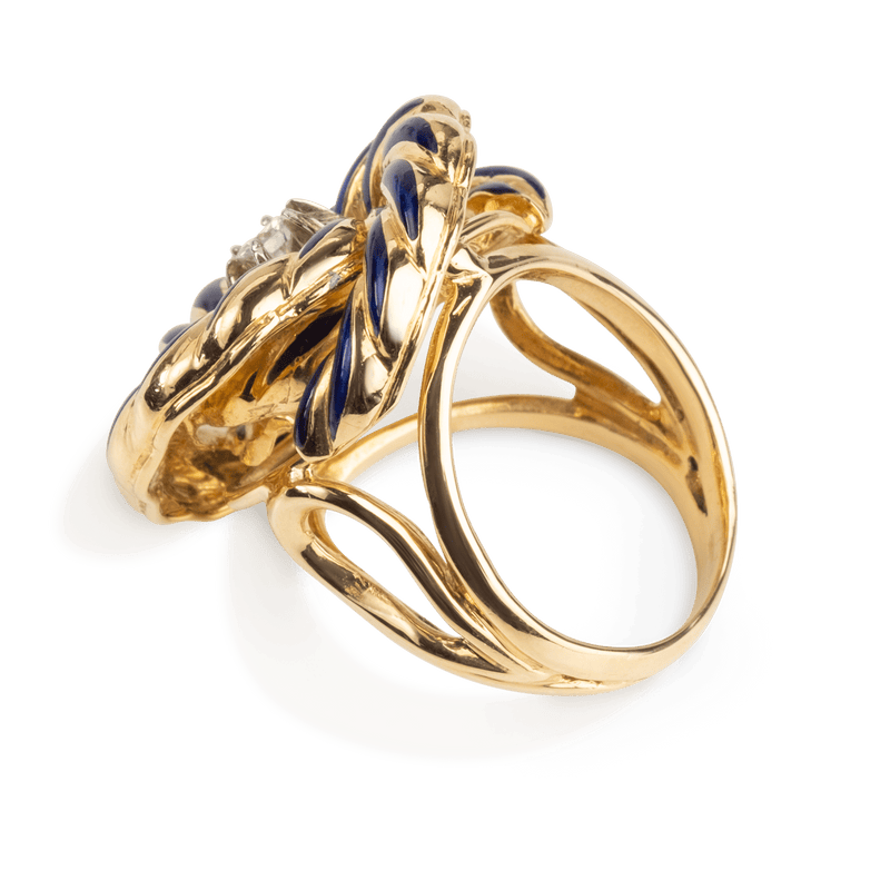 Yellow Gold Blue Enamel Diamond Ring