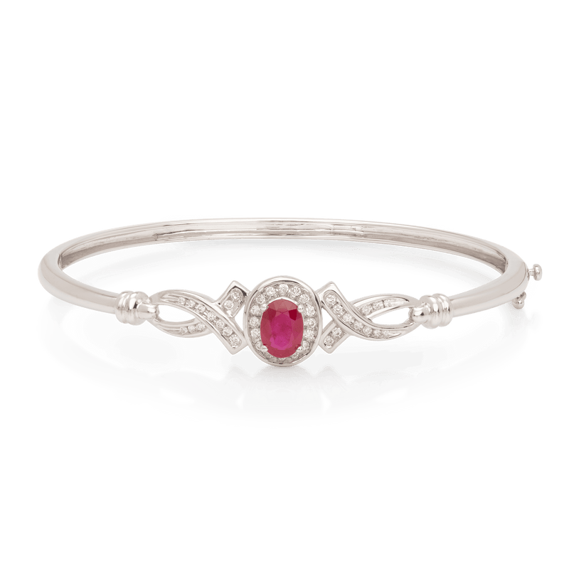 White Gold Diamond & Ruby Hinged Bangle