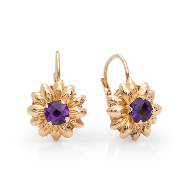 Yellow Gold Amethyst Floral Lever Back Earrings
