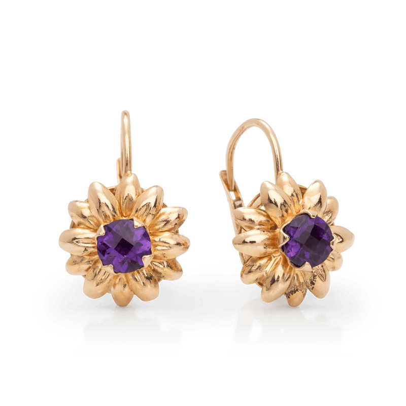 Yellow Gold Amethyst Floral Lever Back Earrings