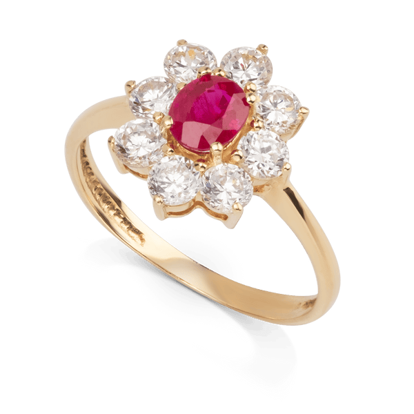 Yellow Gold Oval Synthetic Ruby & Cubic Zirconia Ring